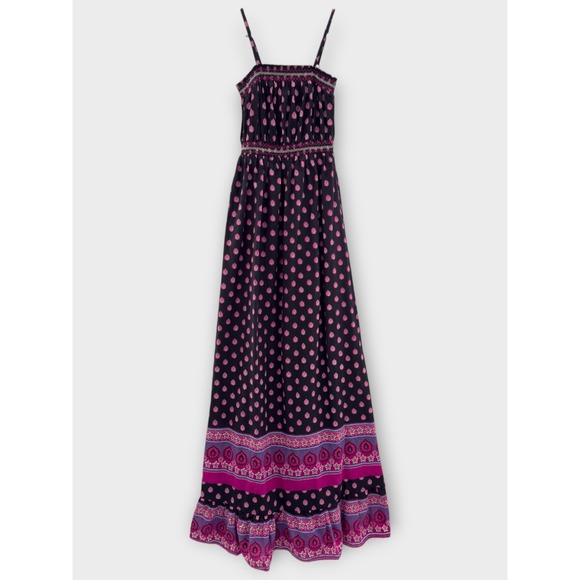 World Market Dresses & Skirts - World Market Boho Maxi Dress Black Pink Paisley Border Print Cotton S/M Smocked